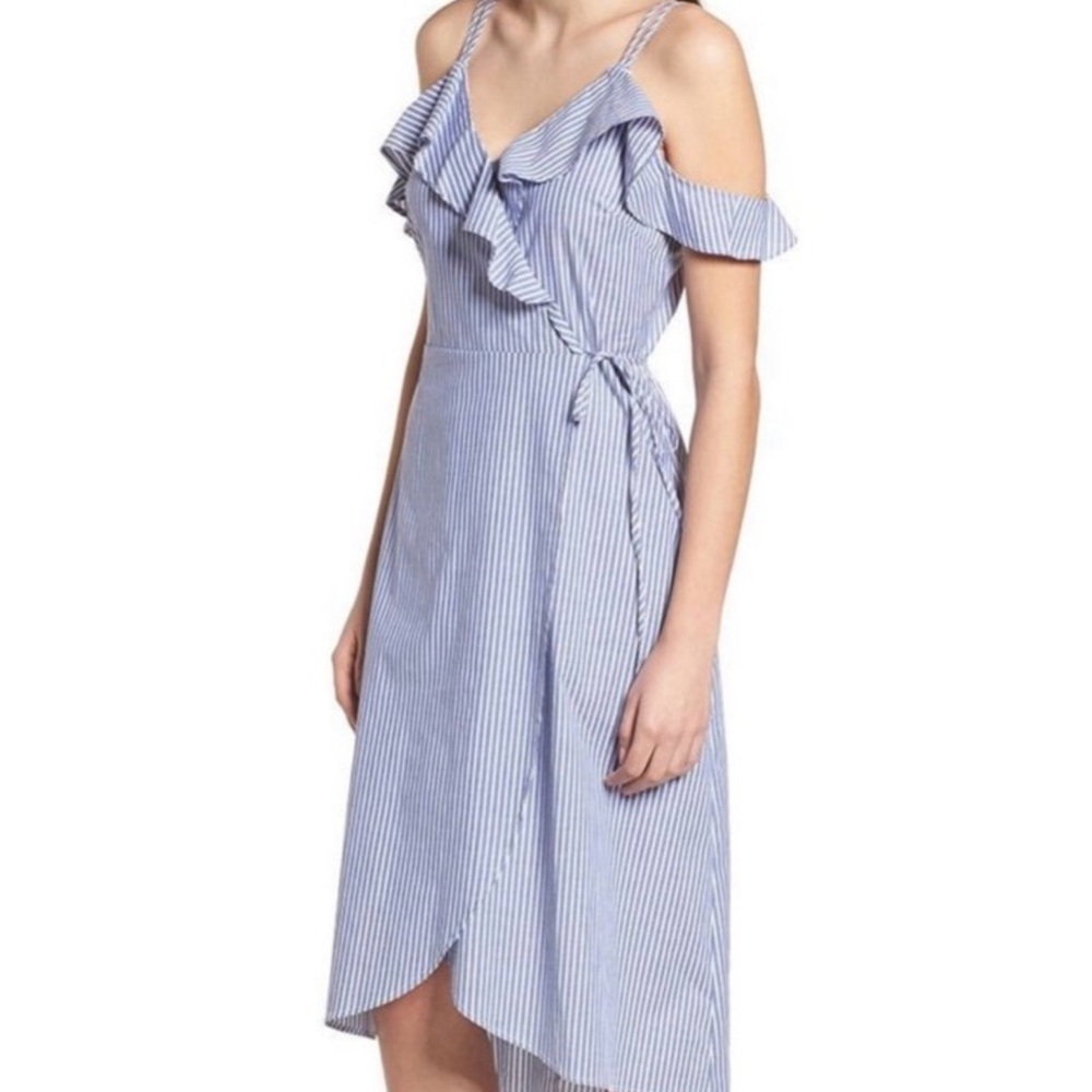 BP Blue Stripe Ruffle Wrap Dress